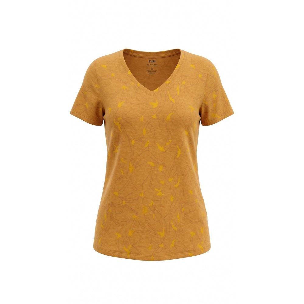 Evri Modern Tee Mustard Yellow Bird Print V-Neck Stretch T-Shirt 1X